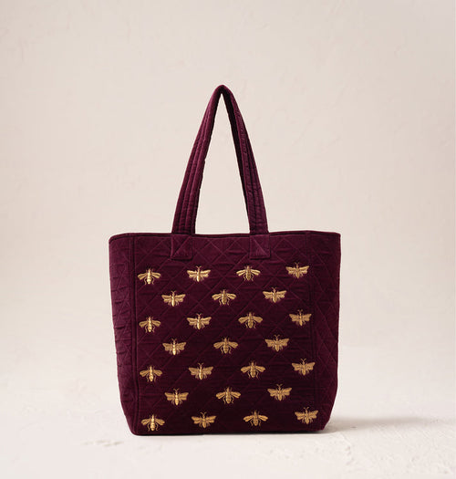 Honey Bee Velvet Tote – in Plum