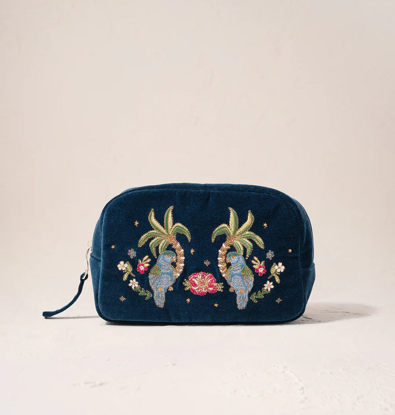 Jungle Paradise Parrot Ink Blue Velvet Cosmetics Bag