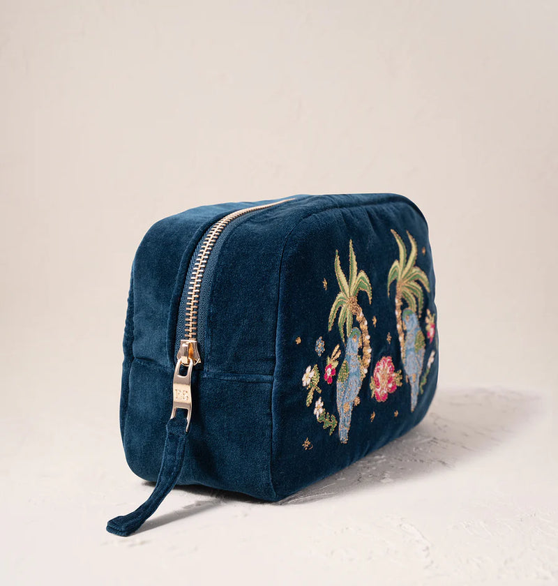 Jungle Paradise Parrot Ink Blue Velvet Cosmetics Bag