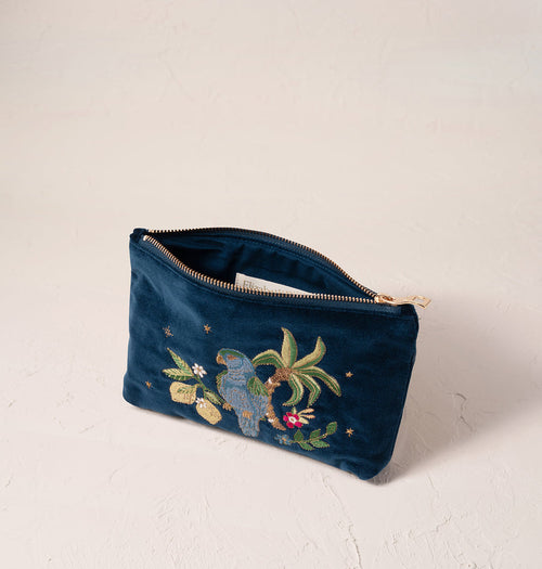 Jungle Paradise Parrot Ink Blue Velvet Mini Pouch