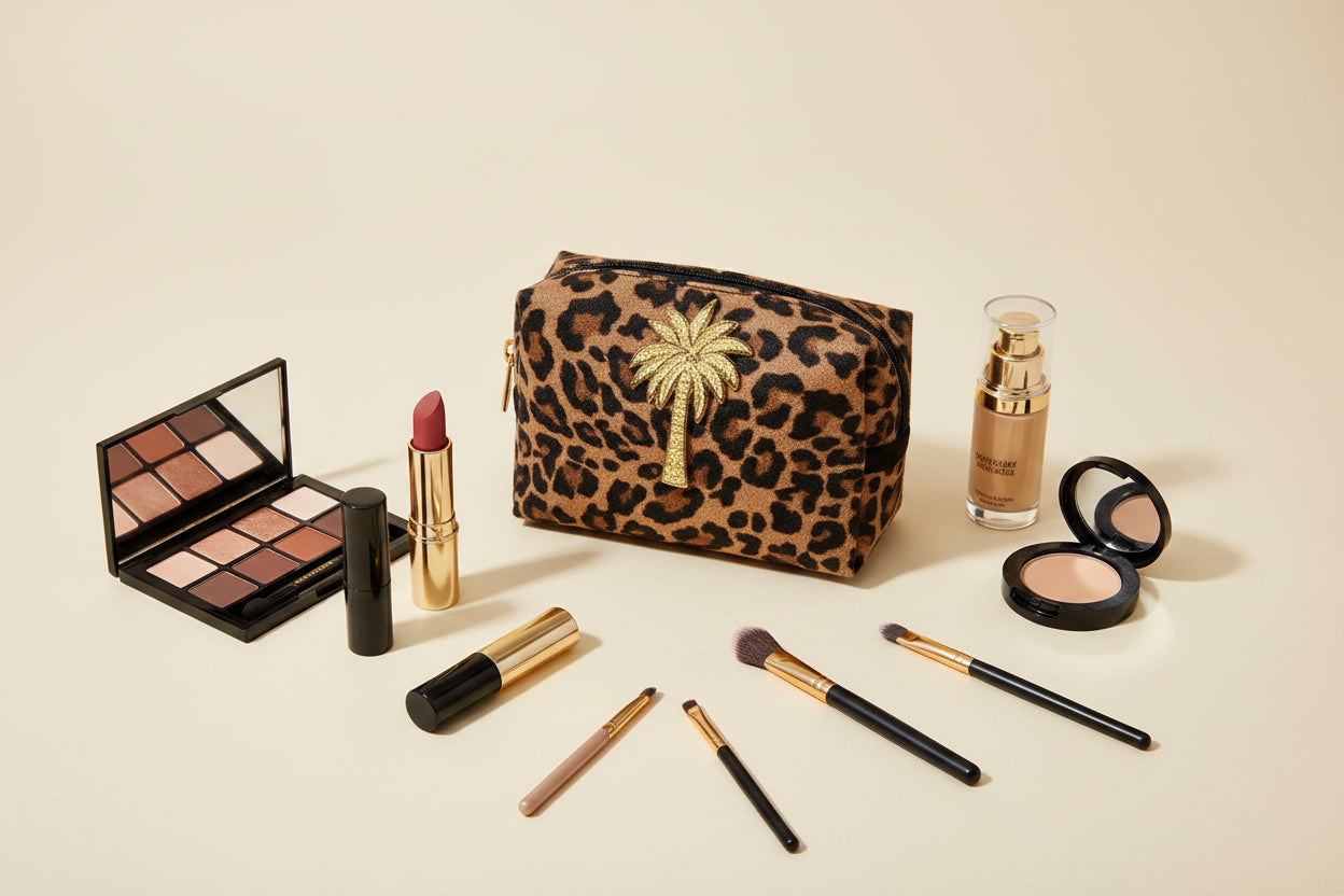 Leopard Print Make-Up Bag & Gold Palm Tree Pin