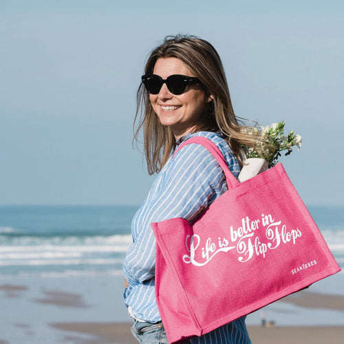 Life is Better in Flip Flops Cute Jute Bags – in Pretty Pink