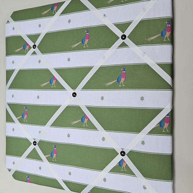 Fabric with a pattern of pheasants on a green and white checkered background