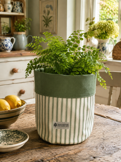 Ticking Stripe Pot/Storage Bags - Chateau Rose and Shale Green