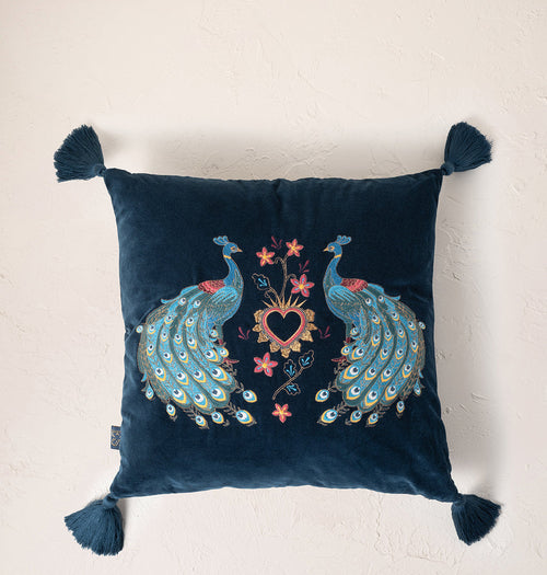 Peacock Floral Ink Blue Velvet Cushion Cover