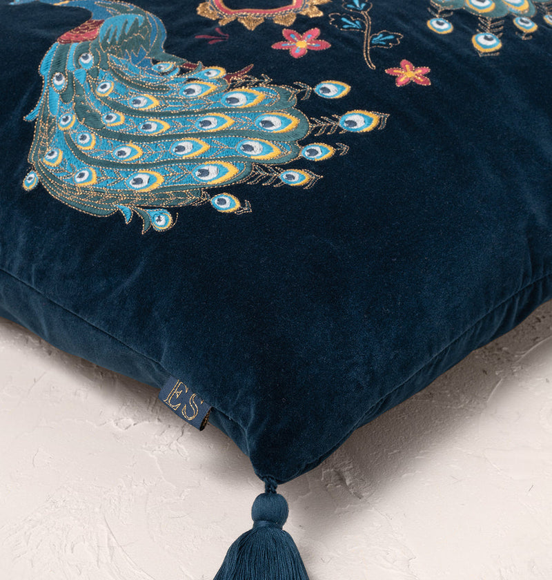 Peacock Floral Ink Blue Velvet Cushion Cover