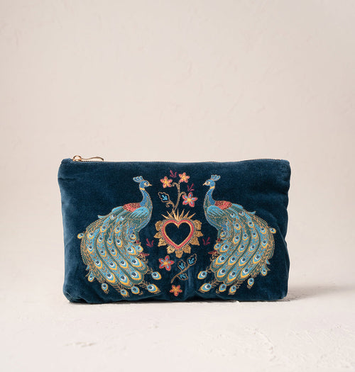 Peacock Floral Ink Blue Velvet Everyday Pouch