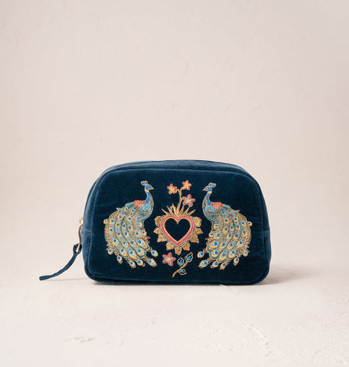 Peacock Floral Ink Blue Velvet Makeup Bag