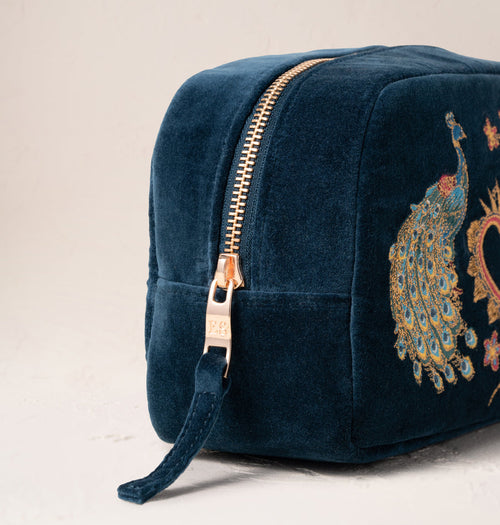 Peacock Floral Ink Blue Velvet Makeup Bag