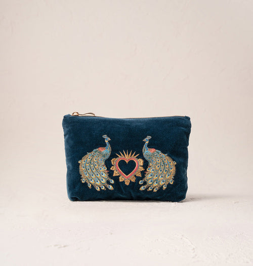 Peacock Floral Ink Blue Velvet Mini Pouch