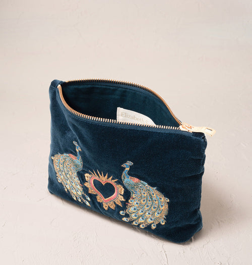 Peacock Floral Ink Blue Velvet Mini Pouch