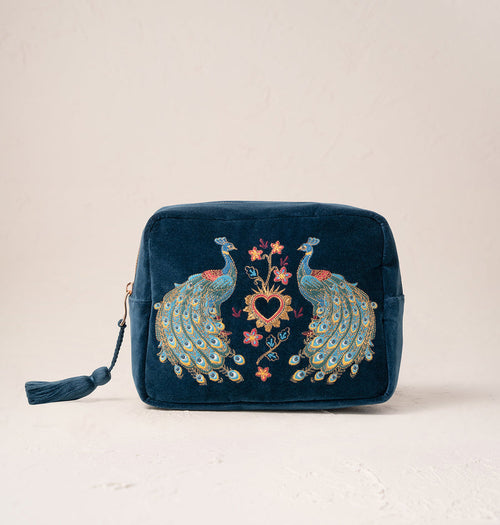 Peacock Floral Ink Blue Velvet Wash Bag