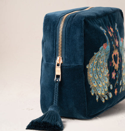 Peacock Floral Ink Blue Velvet Wash Bag