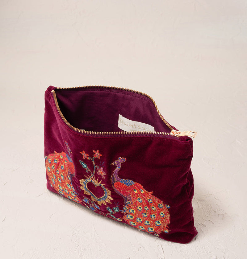 Peacock Floral Ruby Velvet Everyday Pouch