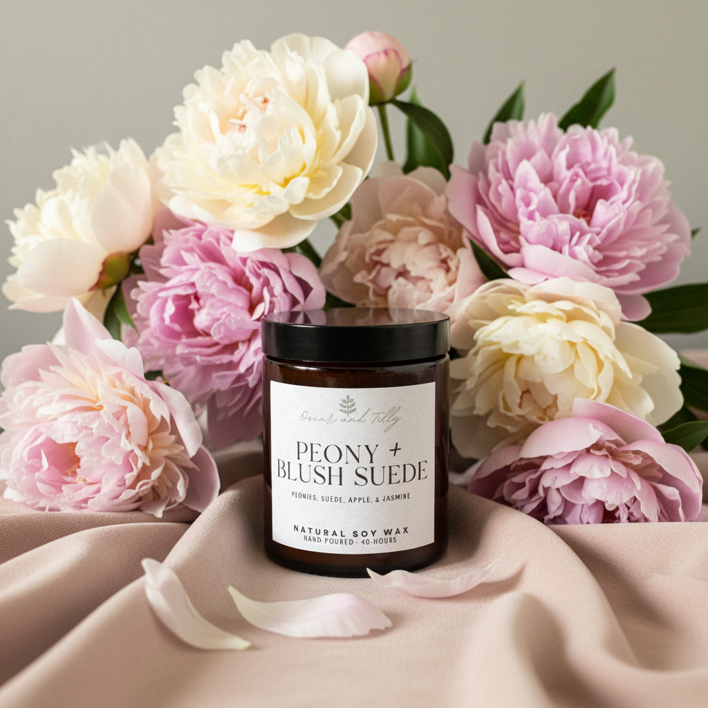 Candle Jar with a label on a neutral background