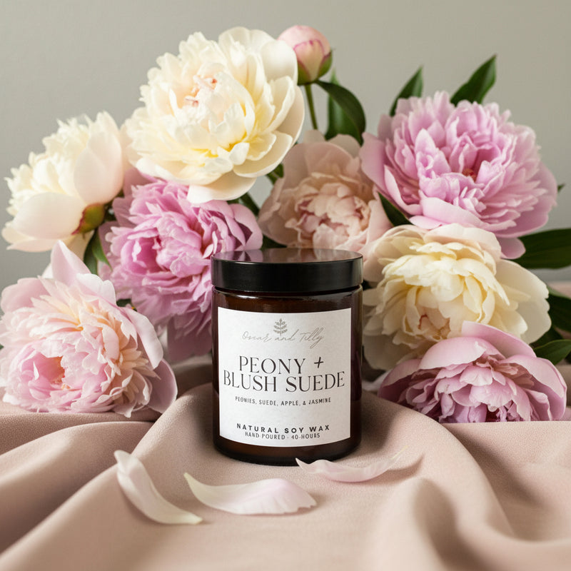 Candle Jar with a label on a neutral background
