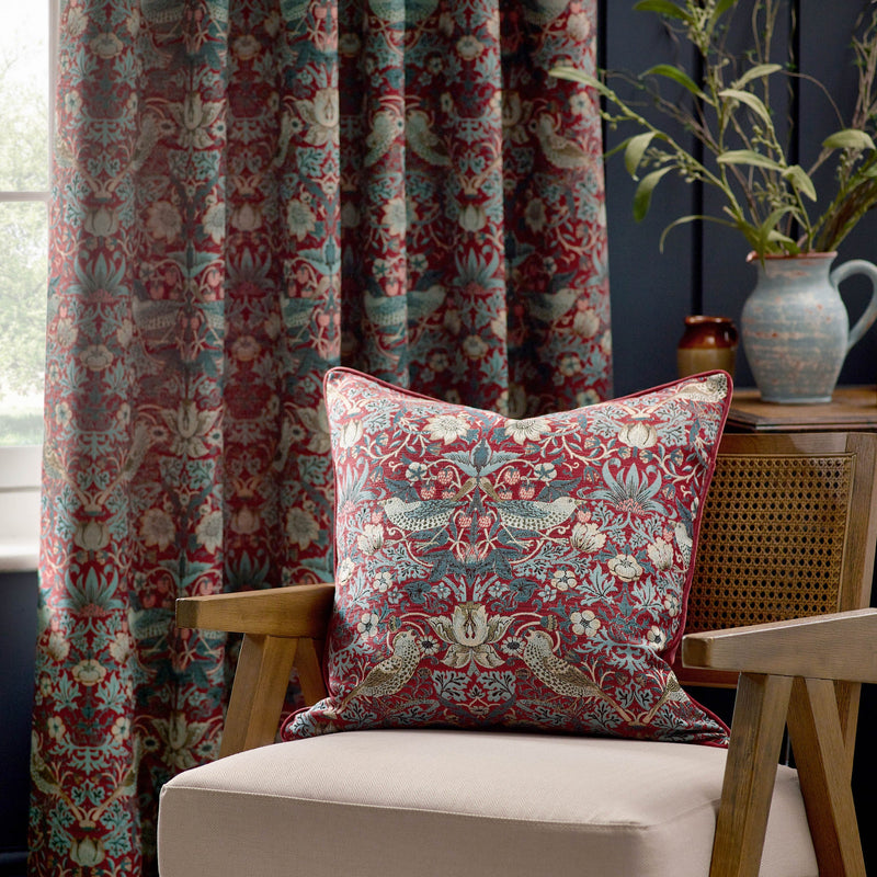 Wiliam Morris Strawberry Thief Piped Jacquard Cushion Cover - Berry