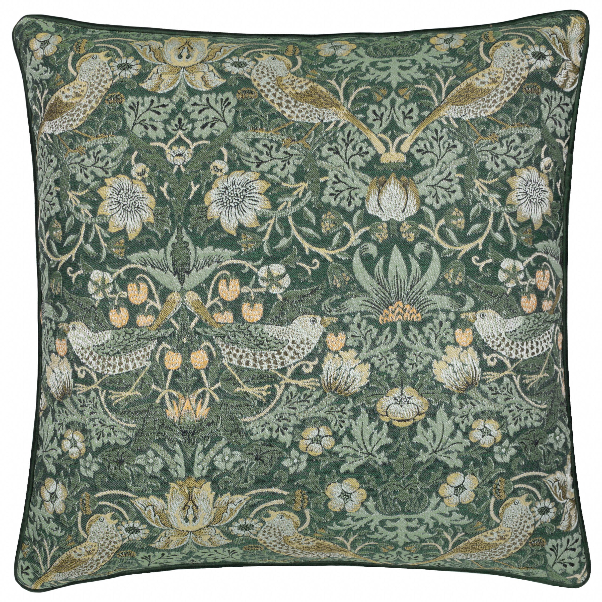 Wiliam Morris Strawberry Thief Piped Jacquard Cushion Cover - Forest