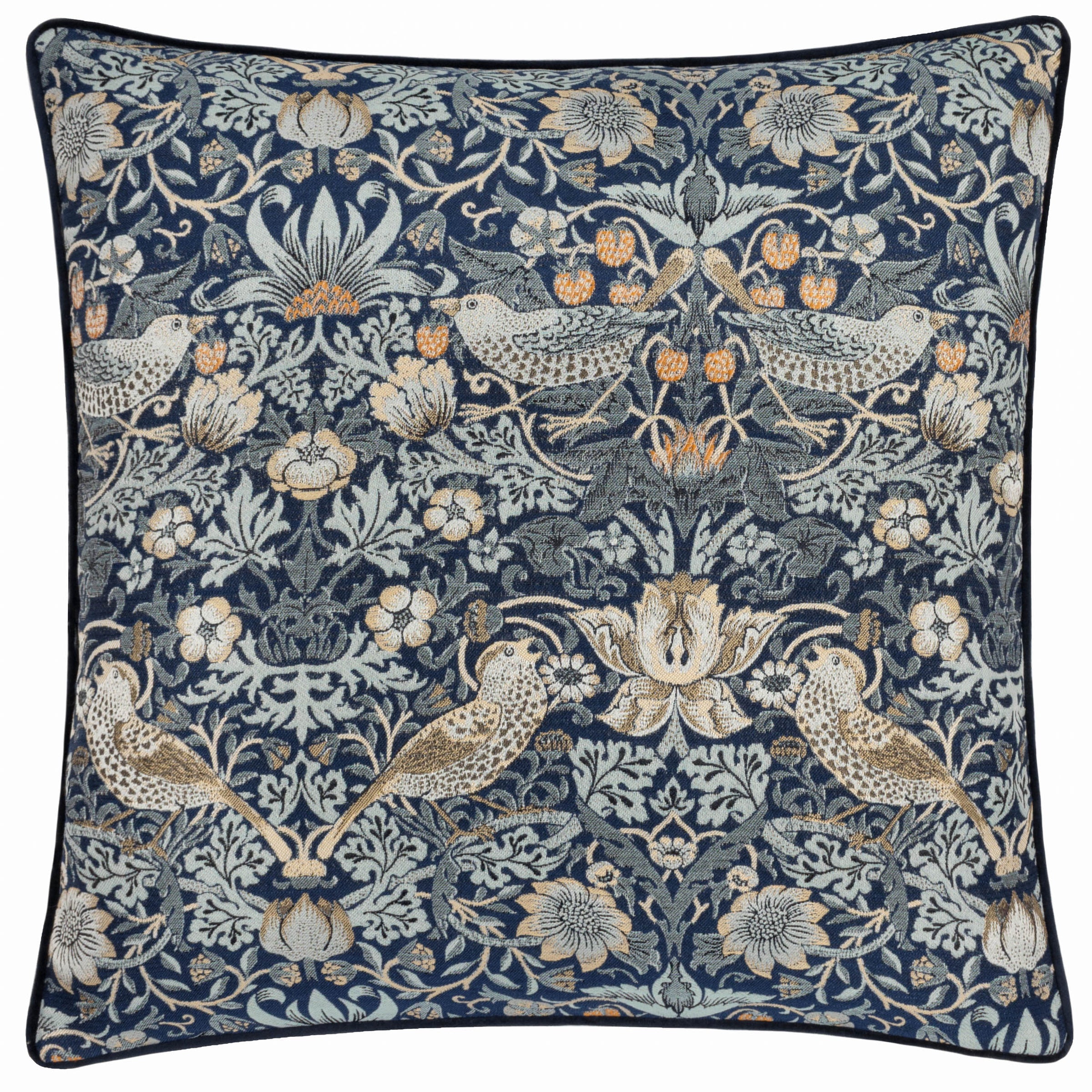 Wiliam Morris Strawberry Thief Piped Jacquard Cushion Cover - Indigo