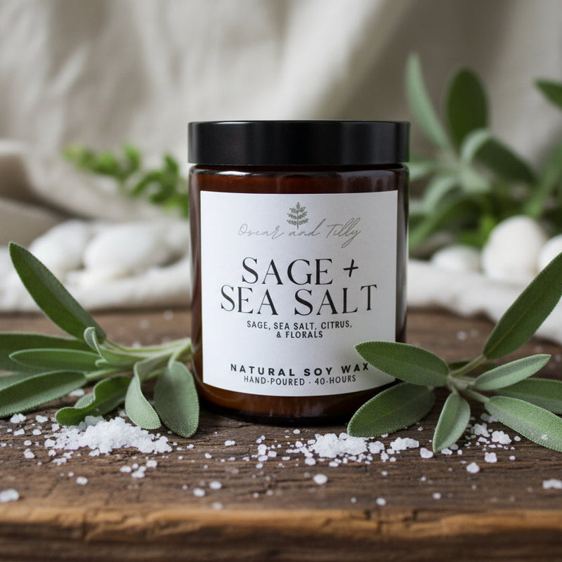 Candle Jar of sea salt with a label on a neutral background