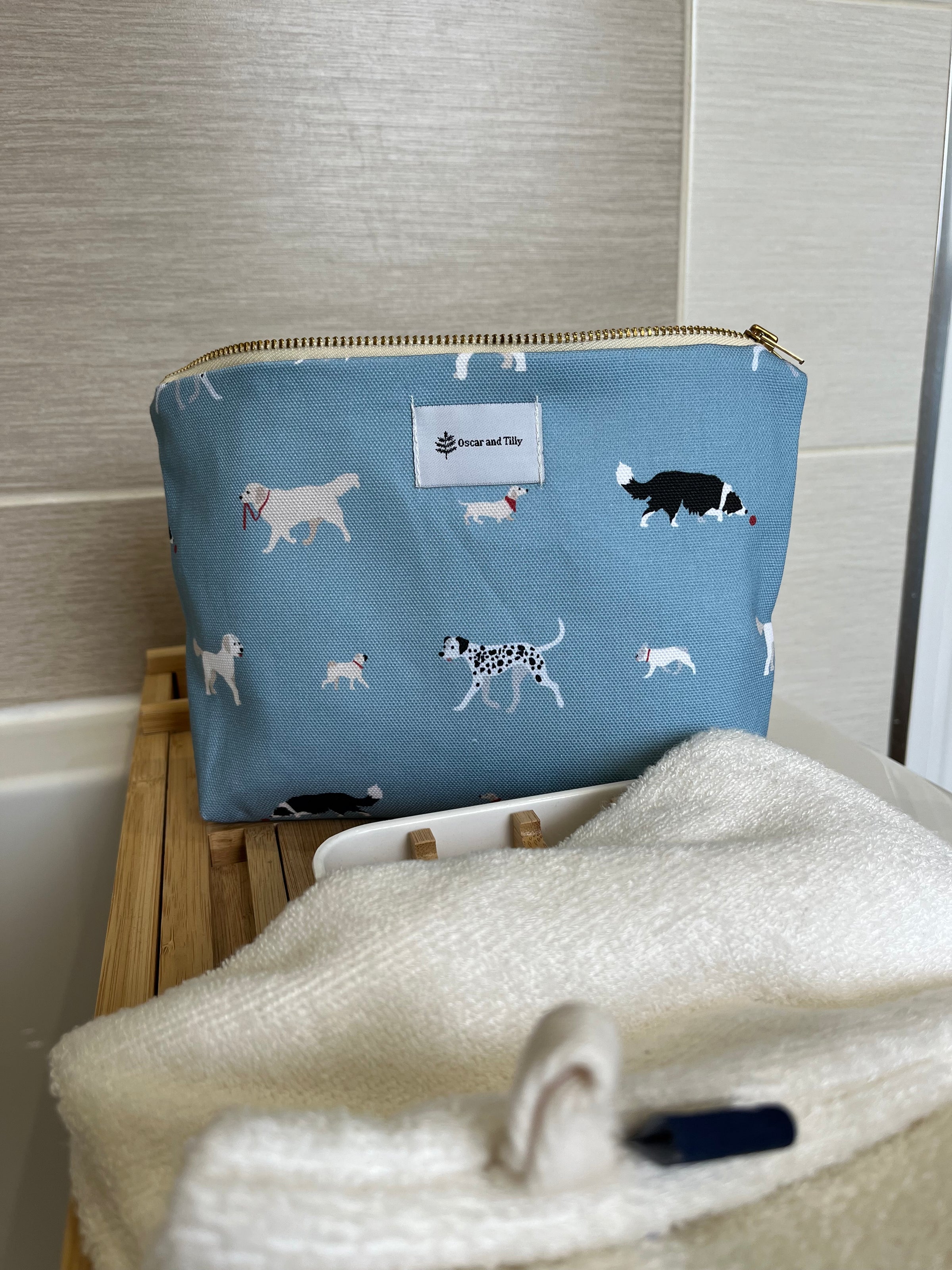 Dog Design Make Up Bags in Sage Green or Blue