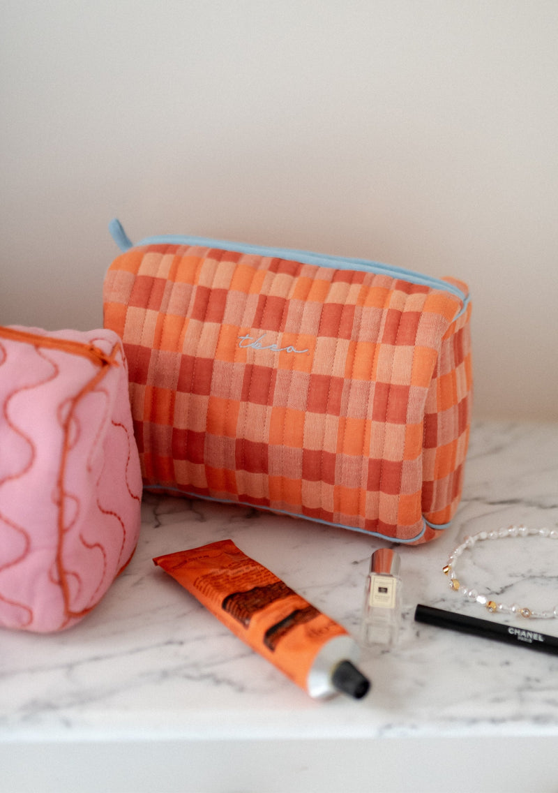 Cotton Wash Bag - Apricot Checkerboard