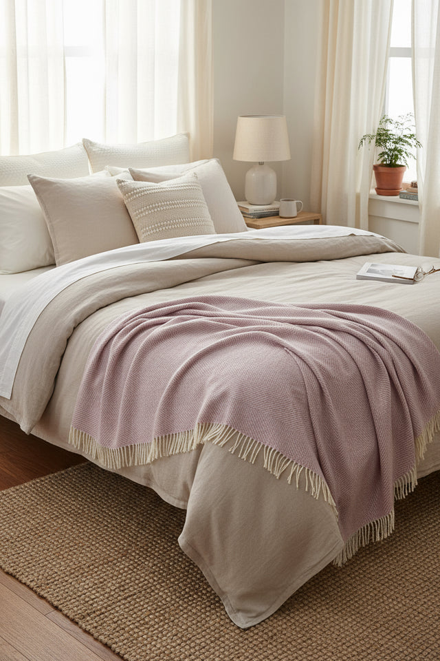Herringbone Pure Wool Throw in Sugared Almond