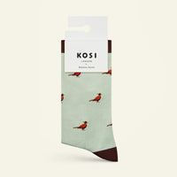 KOSI London sock packaging with bird pattern on a light green background