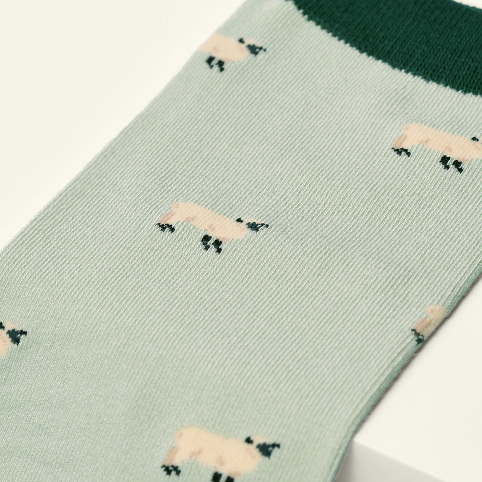 Green sock with sheep pattern on a white background