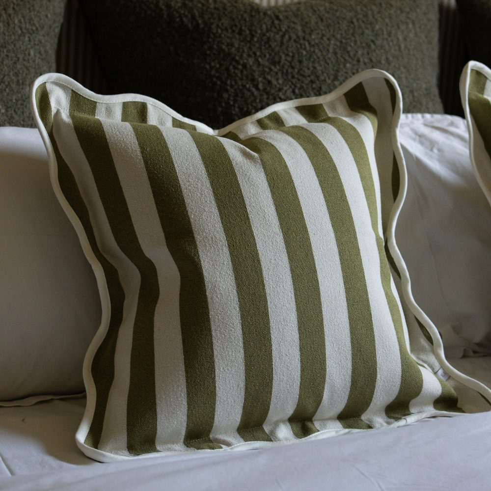 Chloe  Scalloped Edge Cushion Cover- Olive Stripe