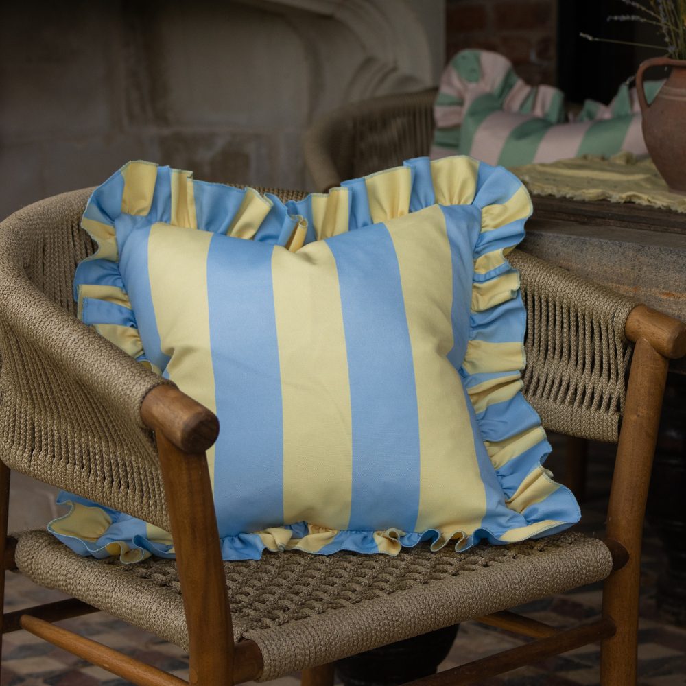 Outdoor Blue & Yellow Ruffle Cushion Cover