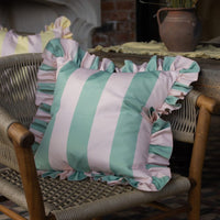 Outdoor Sage & Pink Ruffle Cushion Cover