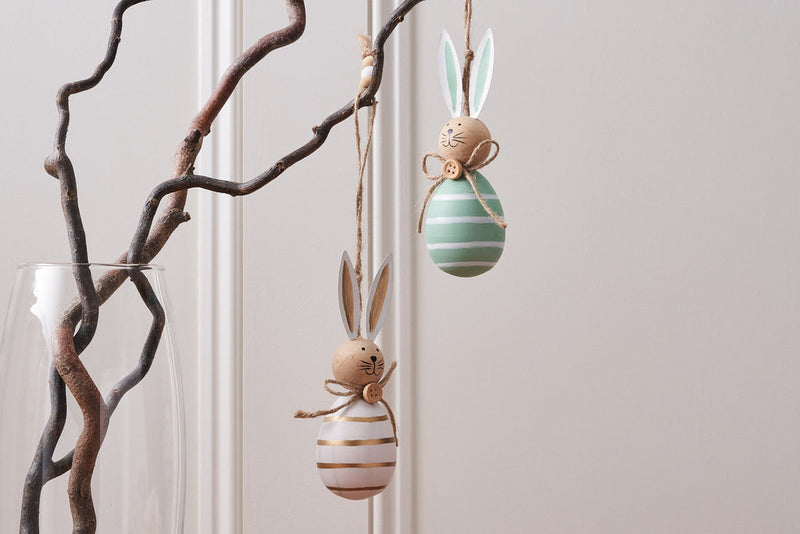 Green, White and Gold Hanging Wooden Bunnies ~ set of 2