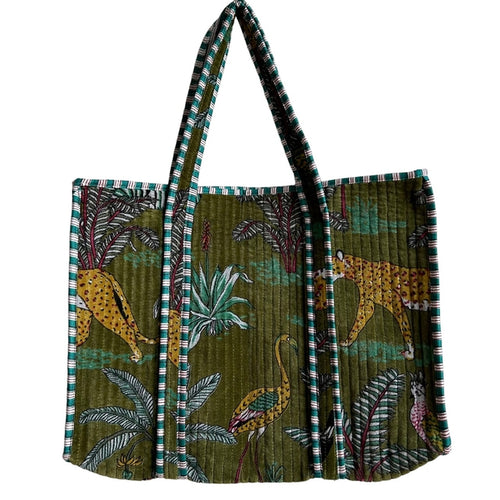 Madagascar Velvet Quilted Tote Bag in Green