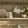 Two floral mugs hanging on a hook with a plate and plant in the background.