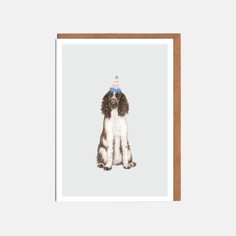 Springer Spaniel & Party Hat Dog Card - Blank or Birthday