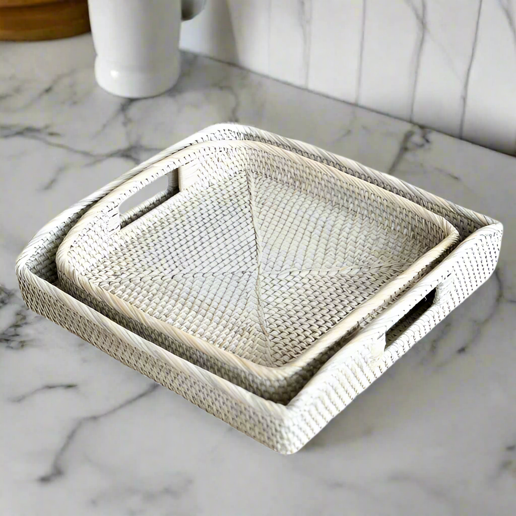 Square Whitewash Rattan Tray