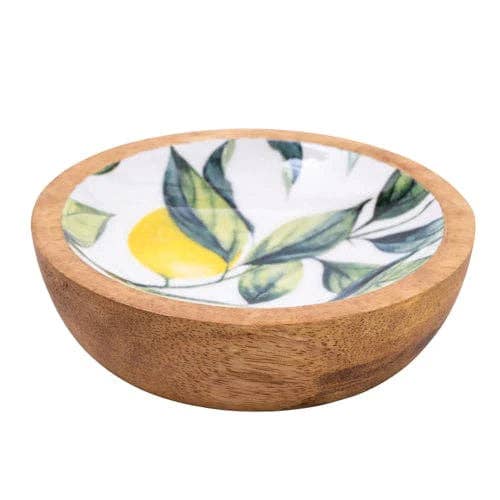 Enamelled Mango Wooden Dish ~ Inlay with Lemons & Leaves