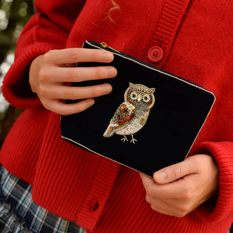 Navy Blue Owl Velvet Pouch