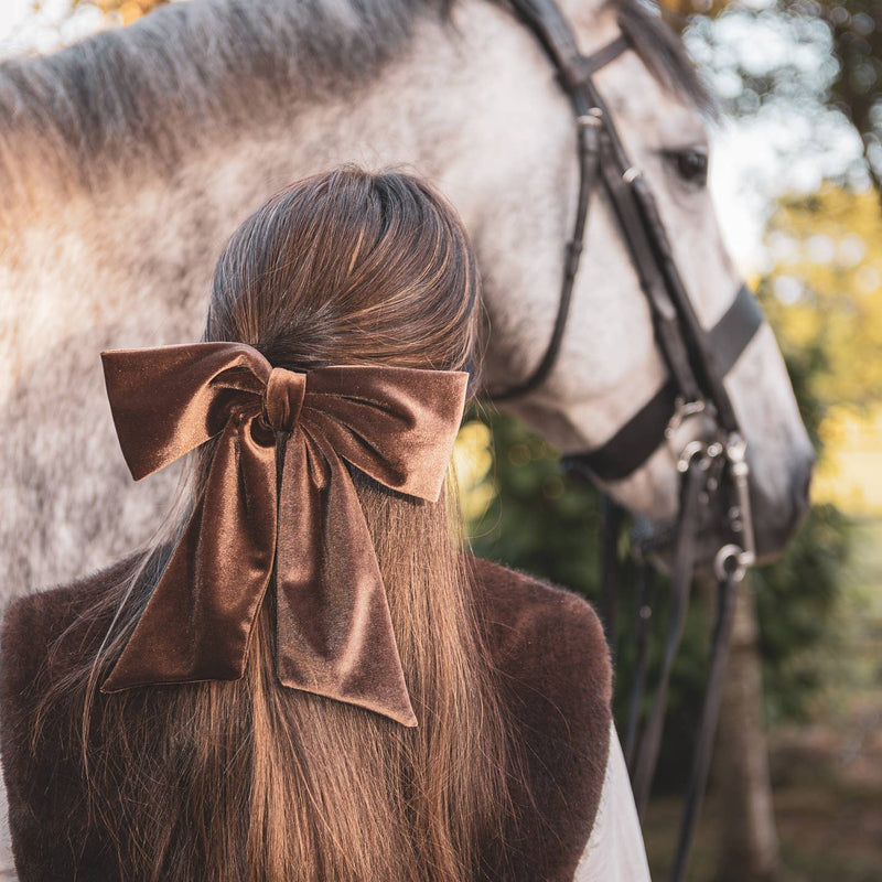 Person with a large brown bow in their hair standing next to a horse.