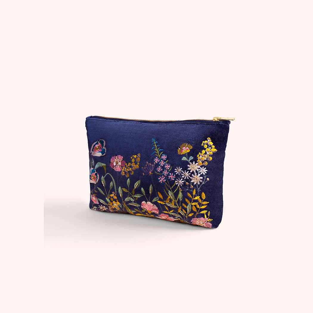 Velvet Embroidered Zip Pouch - Navy Floral Hedgerow