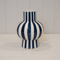 Painted Striped Ceramic Round Vase - Blue
