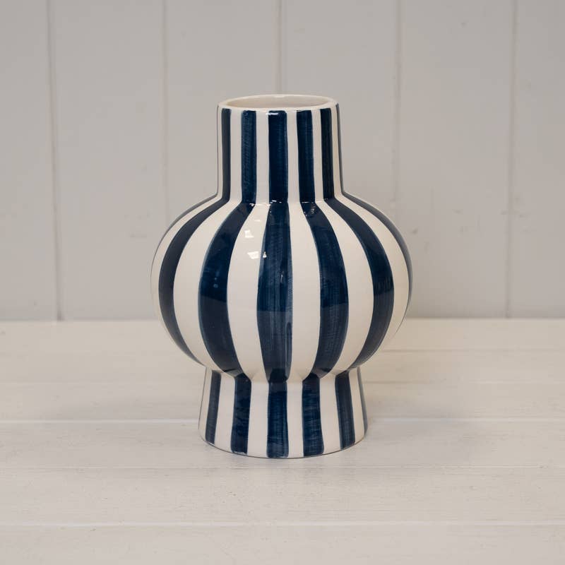 Painted Striped Ceramic Round Vase - Blue