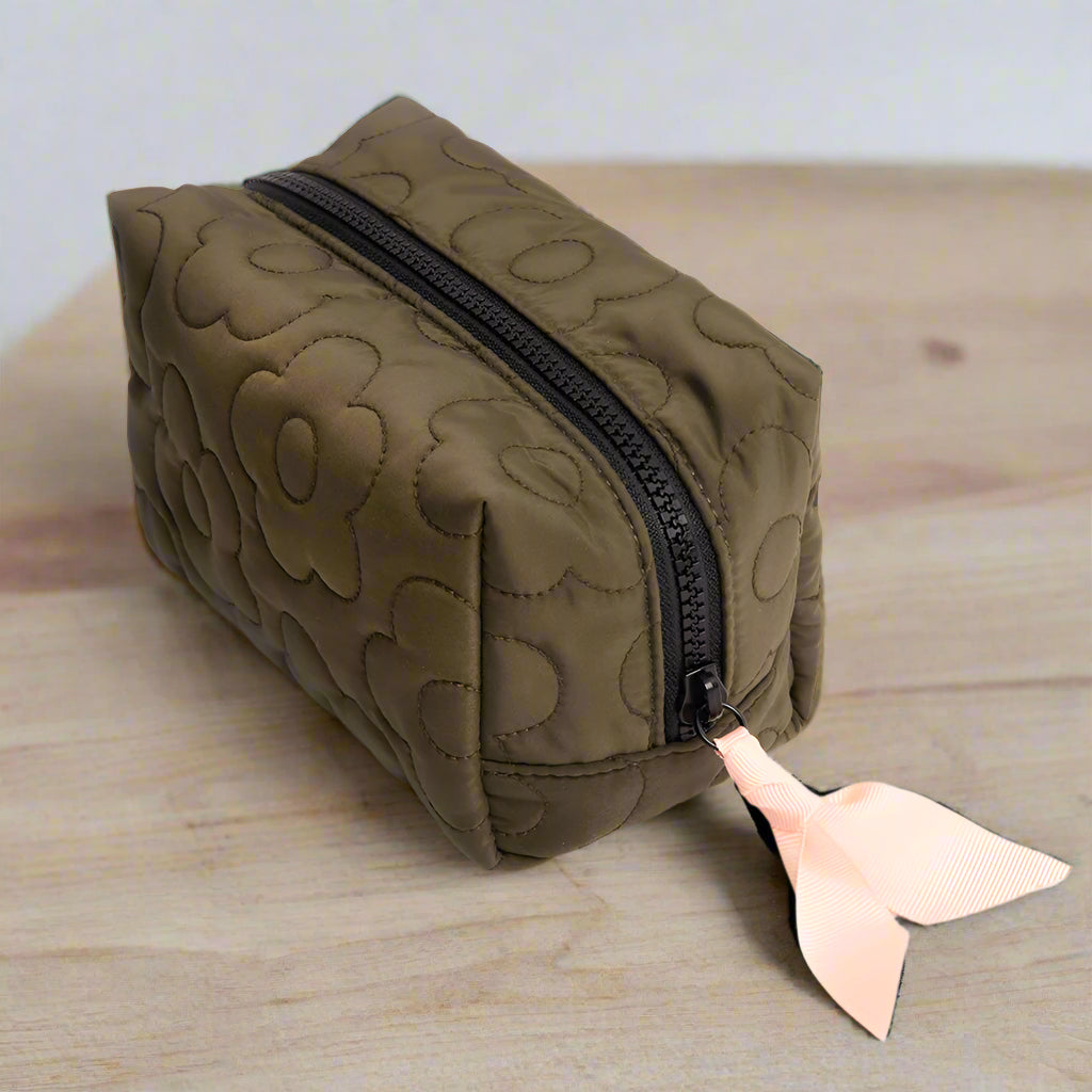 Khaki Quilted Flower Cube Cosmetic Bag