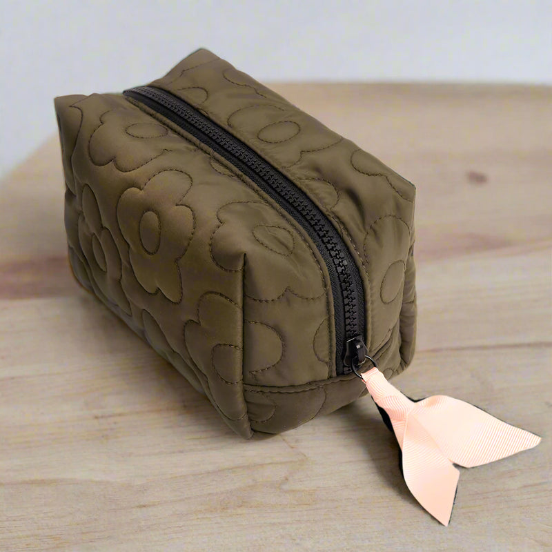 Khaki Quilted Flower Cube Cosmetic Bag