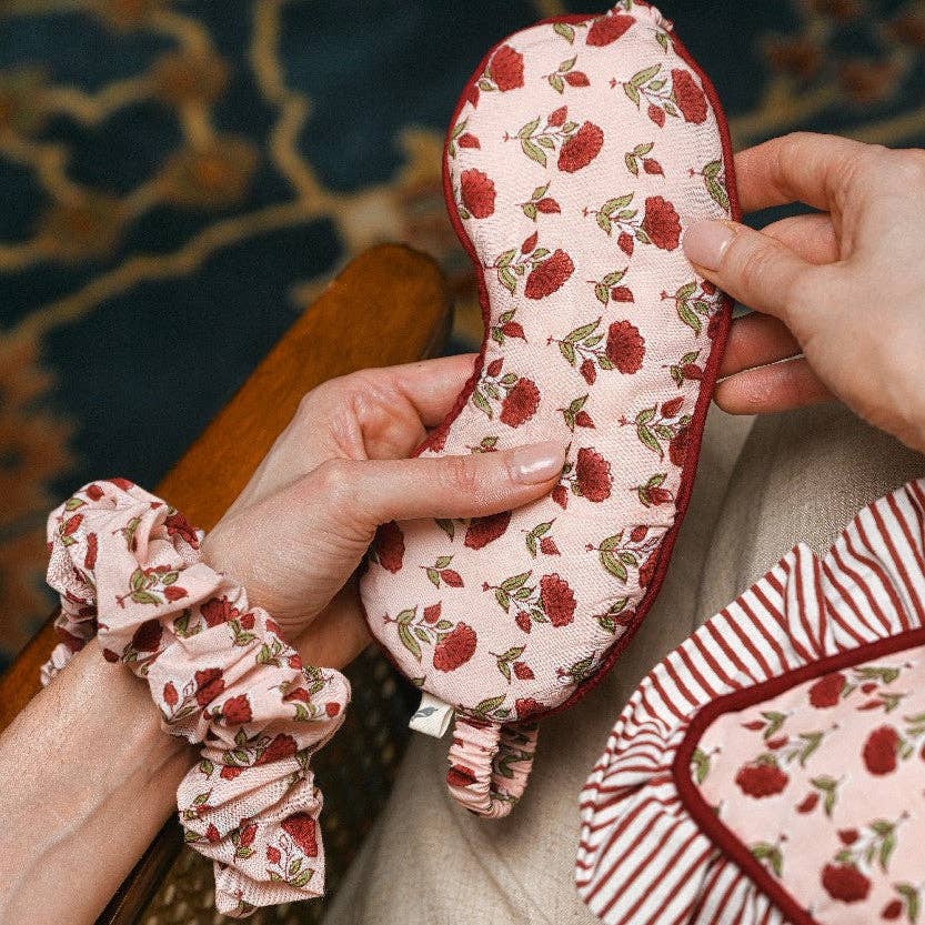 Block Printed Eye Mask & Scrunchie Set - Ditsy Floral Scarlet