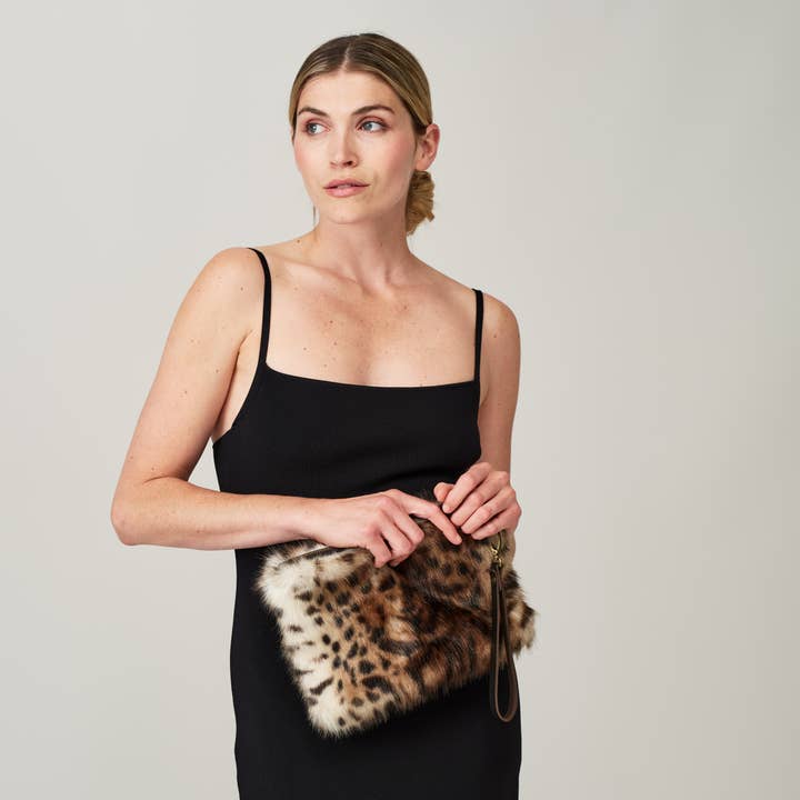 Faux Fur Clutch Bag with Wrist Strap ~ in Charcoal, Cream or Leopard