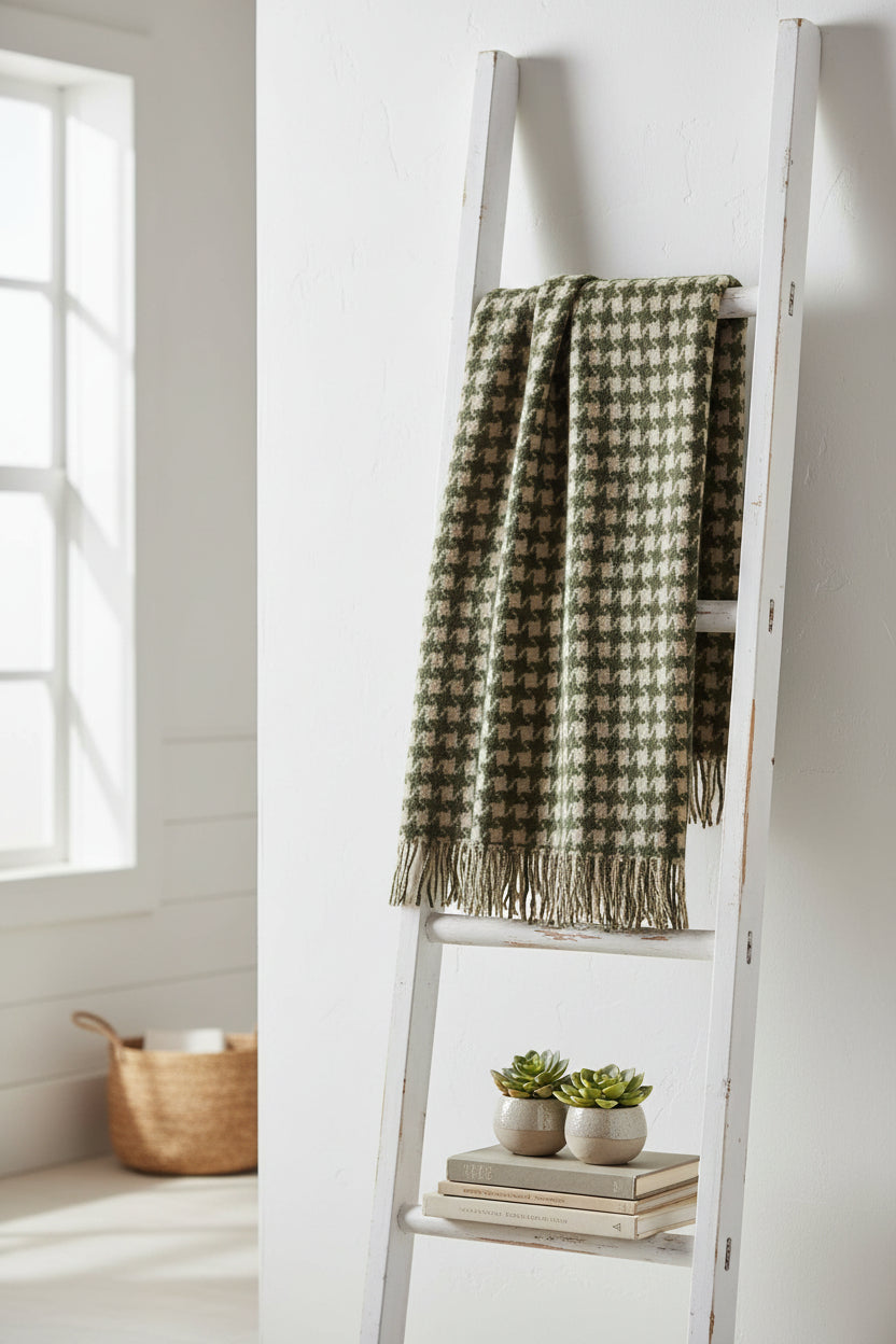 A woven throw with a houndstooth pattern in dark olive green and beige, finished with fringed edges.