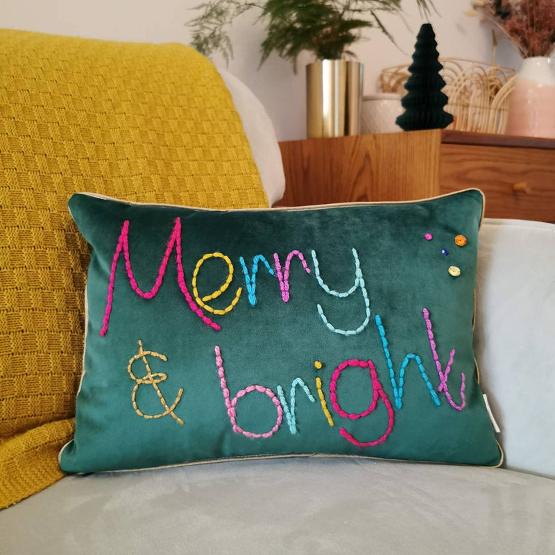 Merry and Bright Velvet Christmas Cushion