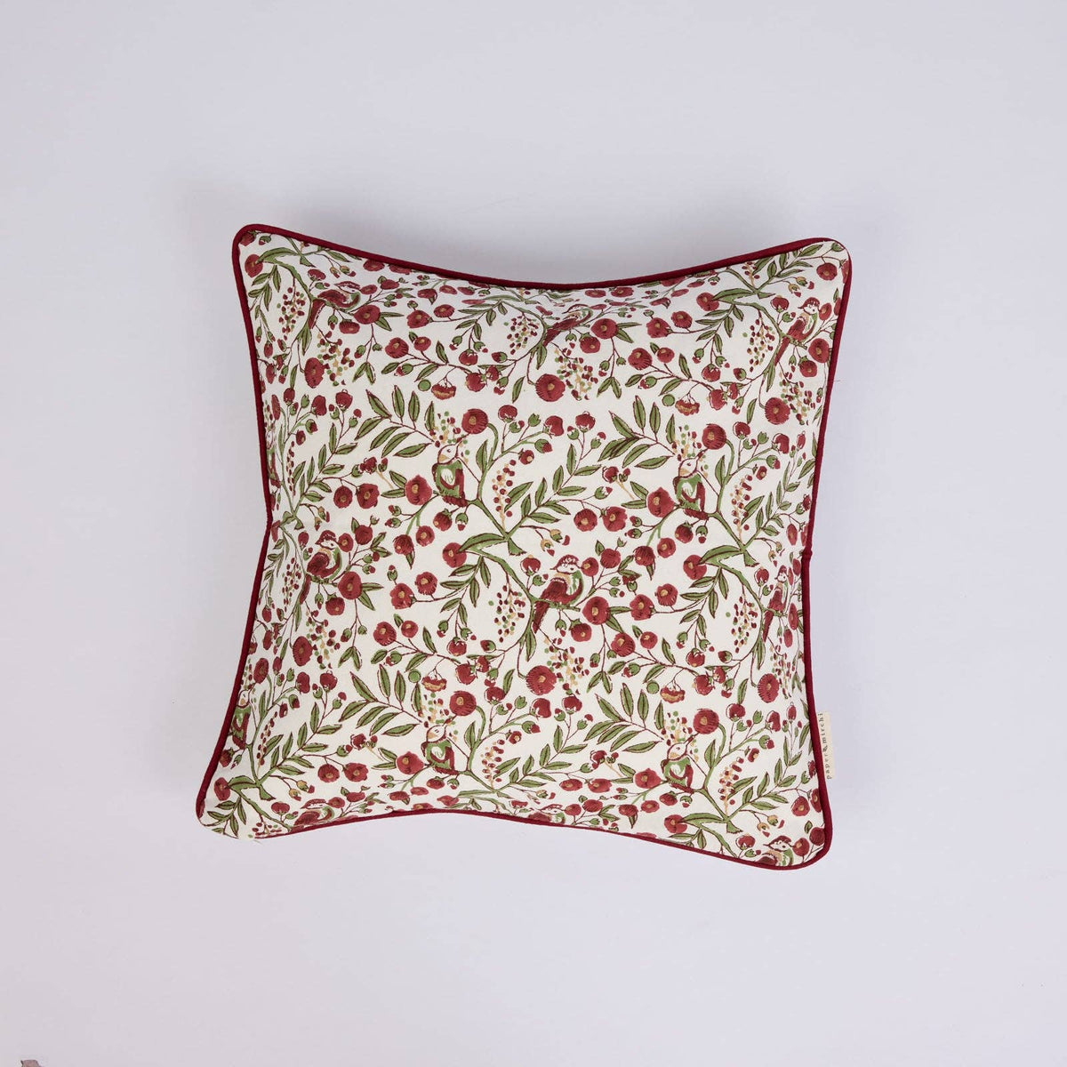 Block Printed Cushion Cover - Songbird Scarlet